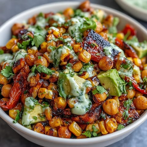 Creamy avocado and crunchy pepitas top this colorful vegan salad with chili-lime chickpeas and fresh cilantro.  