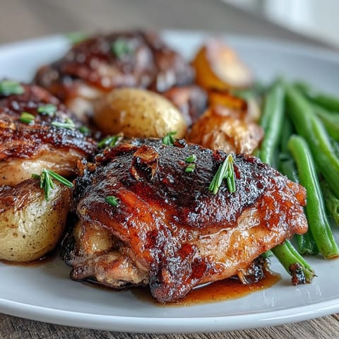 Honey garlic sheet pan chicken with green beans and baby potatoes in a glossy sauce. Juicy chicken thighs roasted with tender potatoes and crisp green beans, all coated in a sweet and savory glaze.