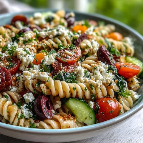 Fresh and healthy Summer Slim Greek Pasta Salad featuring crisp cucumbers, juicy tomatoes, and creamy light feta for a satisfying Mediterranean meal.  