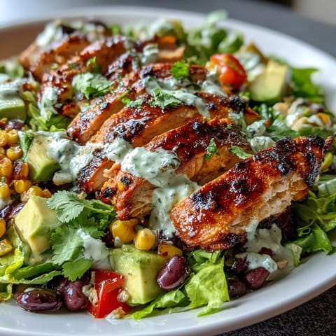 Grilled chicken breast slices rest atop a vibrant mix of black beans, corn, bell peppers, and cherry tomatoes in a refreshing power salad.  