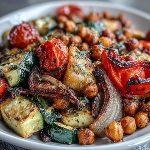 Colorful roasted vegetable medley with chickpeas, lemon, and garlic, served on a rustic white platter with fresh parsley garnish.