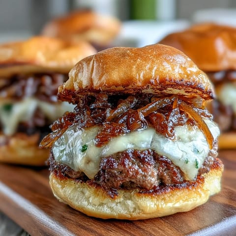 Juicy Mini Smash Burger Sliders with Caramelized Onions: Thin, crispy-edged beef patties smothered in melted cheese and rich caramelized onions, nestled in warm slider buns for the ultimate handheld treat.  