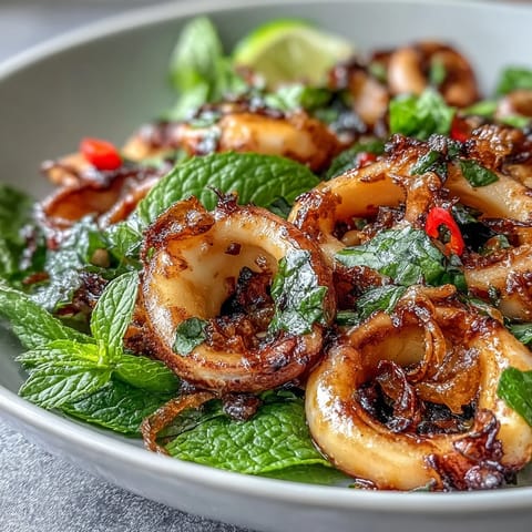 Vibrant chilli-lime squid salad with tender grilled squid, fresh herbs, and crispy shallots in a zesty dressing. Colorful, refreshing seafood dish perfect for summer dining. Zesty and aromatic chilli-lime squid salad with crisp vegetables, fresh coriander, and crunchy shallots, served on a bed of mixed greens. Light, healthy seafood salad bursting with flavor from grilled squid, chilli-lime dressing, fresh mint, and crispy fried shallots.
