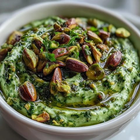 Vibrant green pistachio pesto in a food processor, showcasing fresh basil, garlic, and nuts blended to perfection.