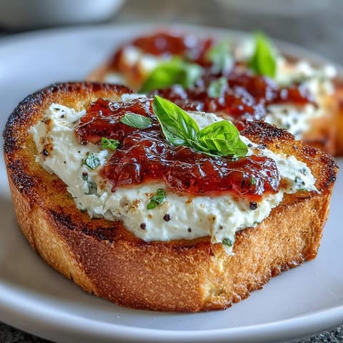 Tangy goat cheese spread over toasted bread and drizzled with chili jam for a sweet-heat flavor explosion.  