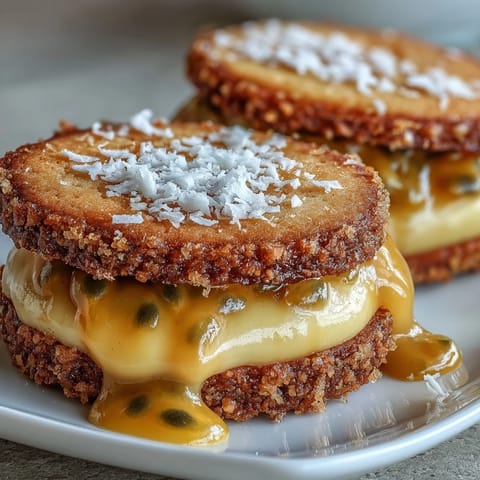 Buttery sugar cookies filled with tangy passionfruit curd, offering a bright and refreshing dessert experience.  
