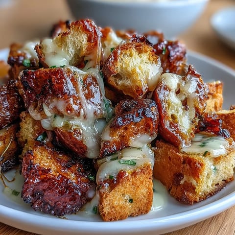 Golden sourdough croutons baked to perfection, ideal for topping rich French onion soup with a crunchy, tangy bite.  