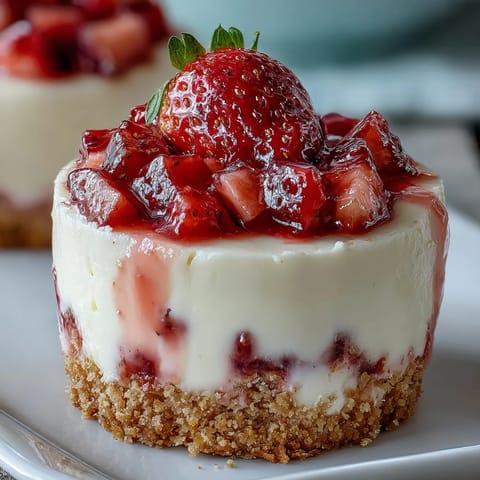 Valentines Day Strawberry Cheesecake Cups: creamy no-bake cheesecake layered with fresh strawberries and buttery graham cracker crust in elegant serving cups.  