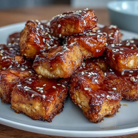 Golden tofu nuggets coated in a tangy sweet chili glaze, perfect for dipping or pairing with rice and vegetables.  