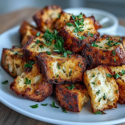 Crispy air fryer sourdough croutons tossed with garlic and Italian herbs for a golden, crunchy bite.  