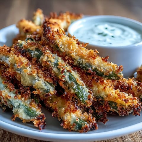 Crispy air fryer green bean fries coated in Parmesan and panko, served with creamy ranch yogurt dip for a healthy snack.  