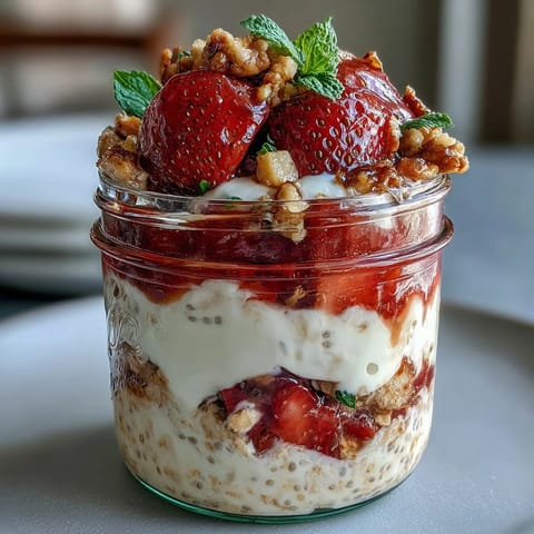 Strawberry Shortcake Overnight Oats with Vanilla Yogurt: Creamy oats layered with fresh strawberries and vanilla yogurt for a healthy, make-ahead breakfast.