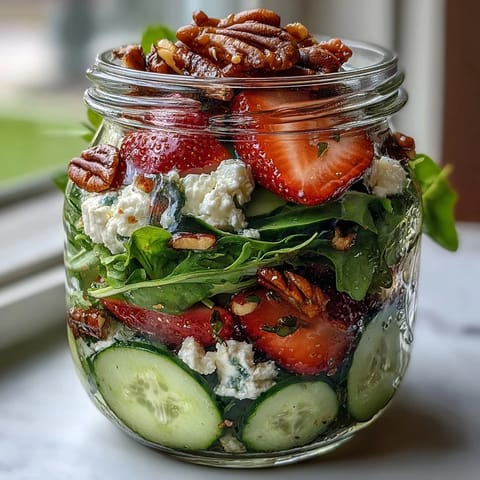 Vibrant picnic jar salad featuring juicy strawberries, creamy goat cheese, crunchy pecans, and crisp mixed greens.  