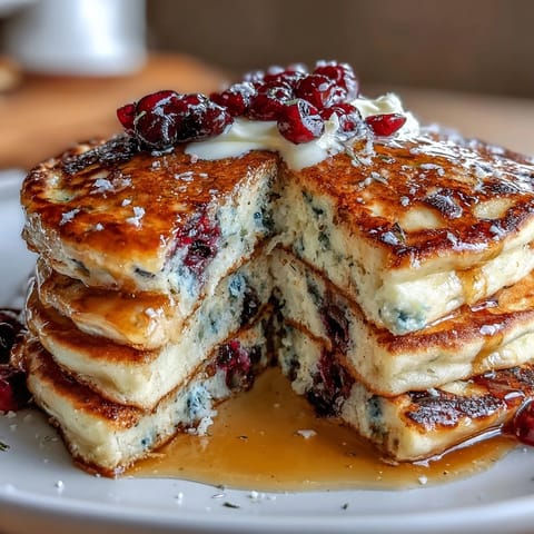 Fluffy sourdough discard pancakes with lemon zest and juicy blueberries, a bright and tangy breakfast treat.