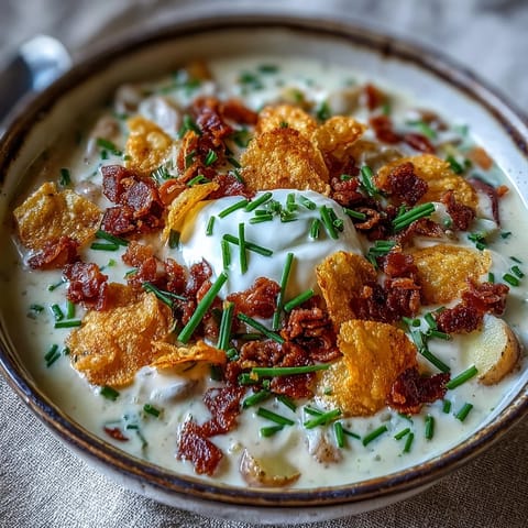 Rich cheesy loaded baked potato soup topped with sour cream, chives, and crunchy potato chip crumbles.  