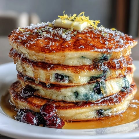Fluffy lemon blueberry sourdough pancakes stacked high, golden brown with bursts of juicy blueberries and fresh lemon zest.