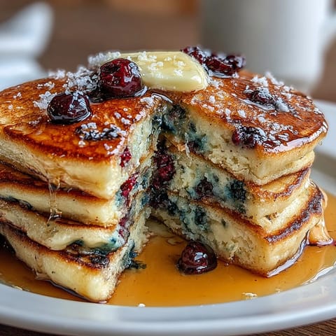 Tangy sourdough pancakes dotted with plump blueberries, drizzled with maple syrup and garnished with lemon zest for a bright breakfast.
