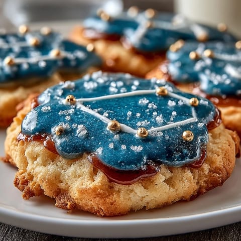 Elegant sugar cookies decorated with royal icing to depict the Pisces constellation, featuring edible gold pearls as stars.