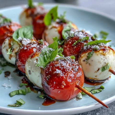 Bridal Shower Caprese Skewers with cherry tomatoes, mozzarella, and fresh basil on wooden picks. Bridal Shower Caprese Skewers drizzled with olive oil and balsamic glaze, garnished with sea salt and pepper. Elegant Bridal Shower Caprese Skewers arranged on a platter, perfect for festive gatherings and bridal celebrations.