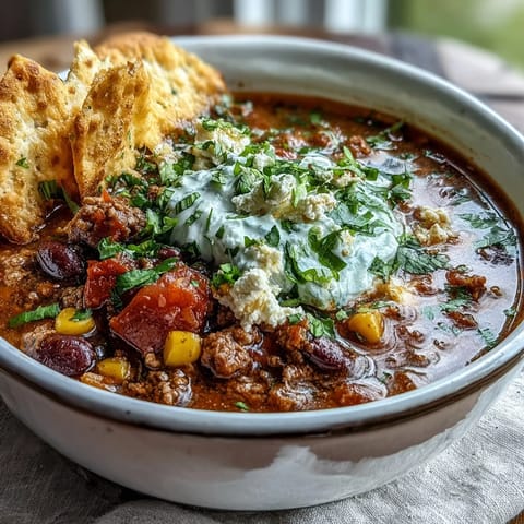 A steaming bowl of taco soup with ground beef, beans, and vibrant vegetables, garnished with shredded cheese and fresh cilantro.  