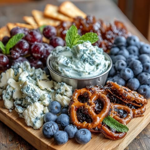 Pisces Zodiac Snack Board with Blue Fruits and Treats, a dreamy ocean-inspired platter featuring blueberries, blackberries, and whimsical blue sweets.