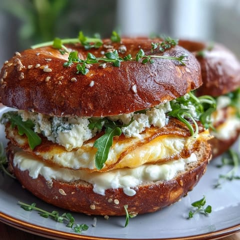 High-protein bagels stacked with savory eggs, melted cheese, and fresh spinach — perfect for quick, wholesome breakfast prep.  