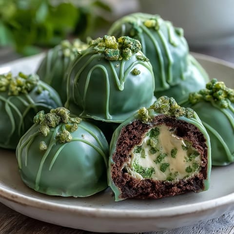 Festive green Oreo truffle balls with a creamy center and vibrant candy coating, perfect for St. Patrick's Day celebrations.