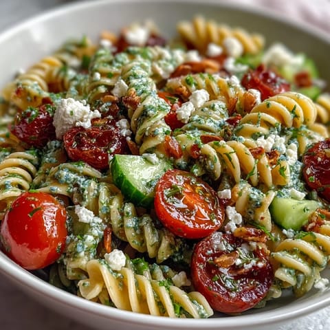 Zesty Lemon Vinaigrette Pasta Salad with Cucumbers and Cherry Tomatoes, tossed with fresh herbs and feta cheese.