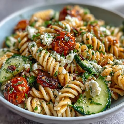 Bright and refreshing Lemon Vinaigrette Pasta Salad with Cucumbers and Cherry Tomatoes, perfect for summer picnics or light lunches.