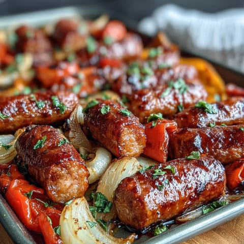 Sheet pan sausage and peppers with juicy sausages roasted alongside sweet bell peppers and onions.  