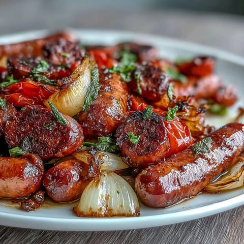Vibrant sheet pan sausage and peppers dinner, featuring Italian sausages and colorful vegetables, perfect for weeknight meals.  