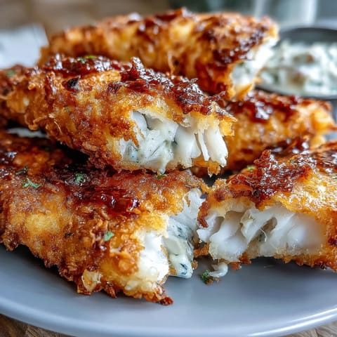 Crispy fried catfish fillets with Southern spices, served with creamy remoulade sauce for a classic soul food meal.  