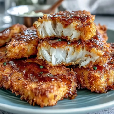 Golden-brown catfish fillets, seasoned with paprika and cayenne, paired with zesty homemade remoulade sauce.  