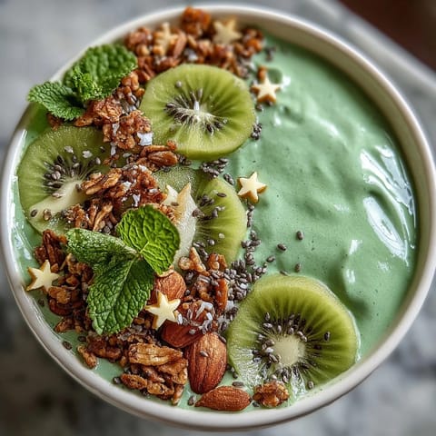 A vibrant green smoothie bowl topped with kiwi shamrock, granola, and edible gold stars for St. Patrick's Day fun.