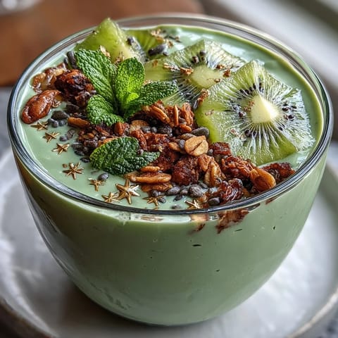 Creamy spinach-avocado smoothie base with protein powder, decorated with kiwi clover and mint for a festive breakfast treat.