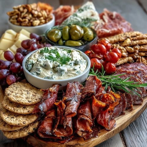 Housewarming Party Charcuterie Board with Dips and Crackers featuring cured meats, cheeses, fresh fruits, and nuts arranged for a festive gathering.