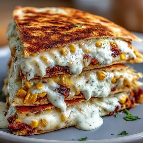 Crispy Cinco de Mayo Street Corn Quesadillas with smoky chipotle crema, melty cheese, and roasted corn filling.