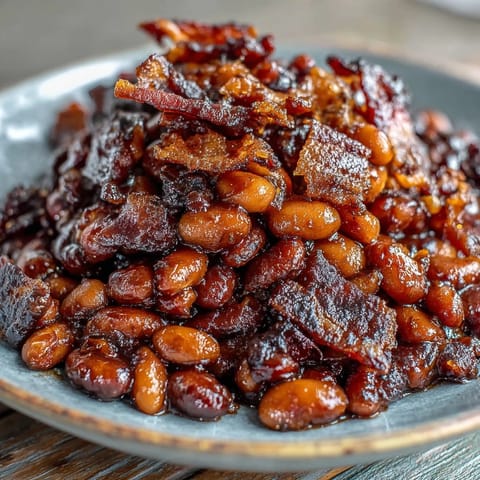Golden-brown baked beans with crispy bacon bits, simmered in sweet molasses and brown sugar sauce, perfect for summer barbecues.