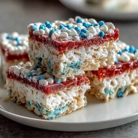 Chewy marshmallow cereal bars in patriotic colors, decorated with sprinkles for a fun Independence Day dessert.