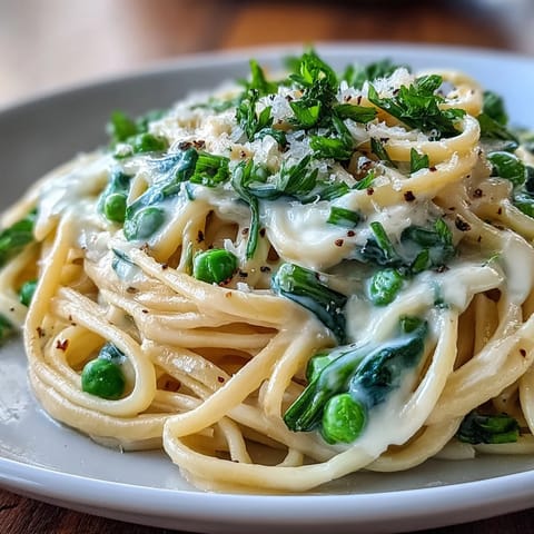 Vibrant spring pasta with lemon cream sauce and peas, garnished with fresh chives and Parmesan cheese.