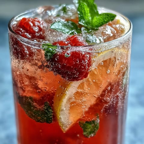 A vibrant Raspberry Lemon Spritz Mocktail with fresh raspberries, zesty lemon slices, and sparkling water, served over ice and garnished with mint leaves.