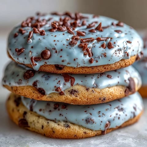 Buttery, pale blue cookies with chocolate speckles, perfect for festive spring gatherings and Easter tables.
