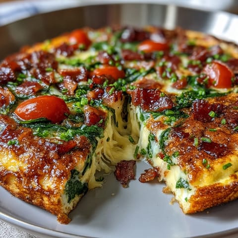 Savory One-Pan Ham and Swiss Frittata loaded with diced ham, spinach, and cherry tomatoes for a hearty, gluten-free meal.  