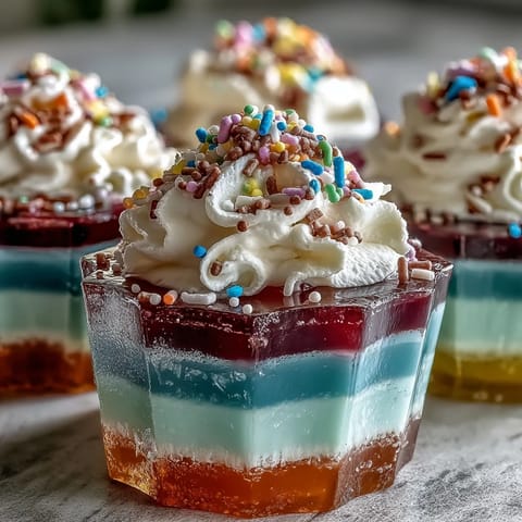 Vibrant rainbow Jello cups with red, orange, yellow, green, blue, and purple layers topped with fluffy whipped cream.