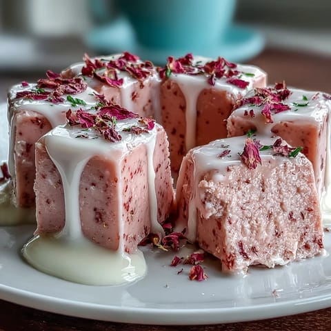 Strawberry Rose Gelatin Mosaic Cake bursting with fruity cubes and floral cream.