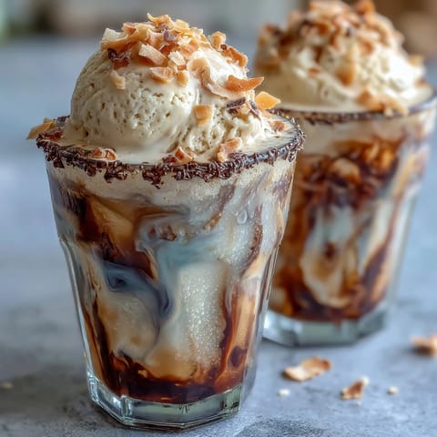 Creamy coconut cold brew float topped with melting vanilla bean ice cream.