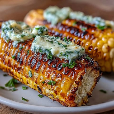 Tender, charred Grilled corn with herbed butter, a festive summer side.