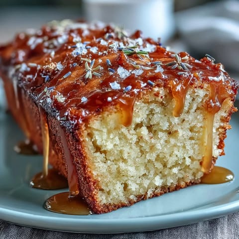 Golden Lemon Lavender Loaf Cake, glistening with sweet honey glaze.