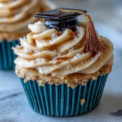 Festive Graduation Cupcakes adorned with shiny black and gold fondant caps.