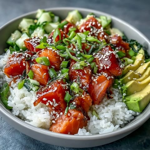 Fresh Hawaiian Salmon Poke Bowl, ready to eat with fresh veggies.